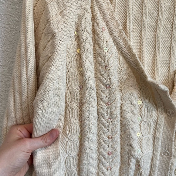 55. VTG Bill Bass Womens XL Tan Cable Knit Cardigan Beaded Sequin Ribbed Grandma - Picture 4 of 8